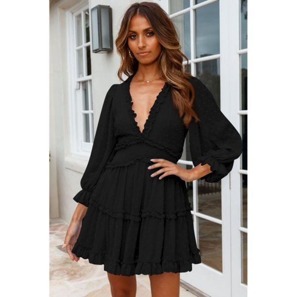 Black Layered Ruffled Open Back Puff Sleeve Swiss Dot Mini Dress