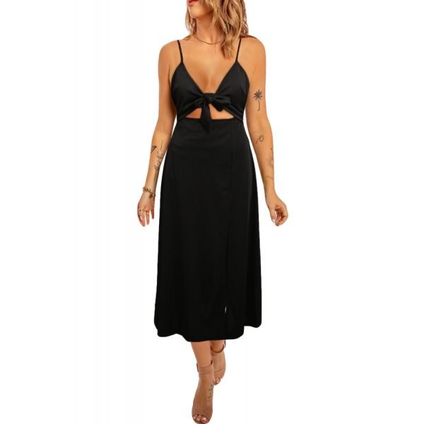 Black Side Slit Bow Knot Spaghetti Strap Maxi Dress