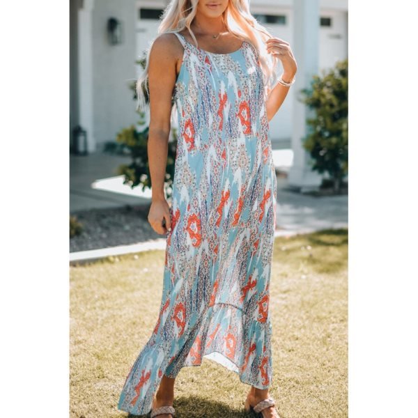 Sky Blue Western Pattern Print Spaghetti Strap Shift Maxi Dress