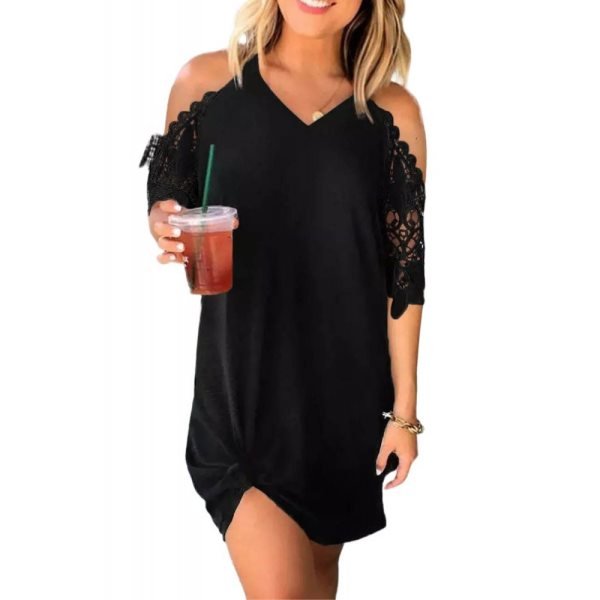 Black Black Lace Splicing Cold Shoulder Mini Dress