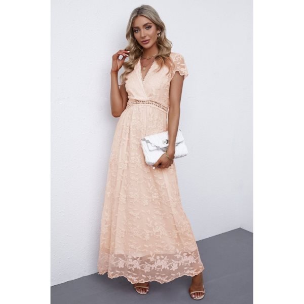 Pink V Neck Lace Maxi Dress